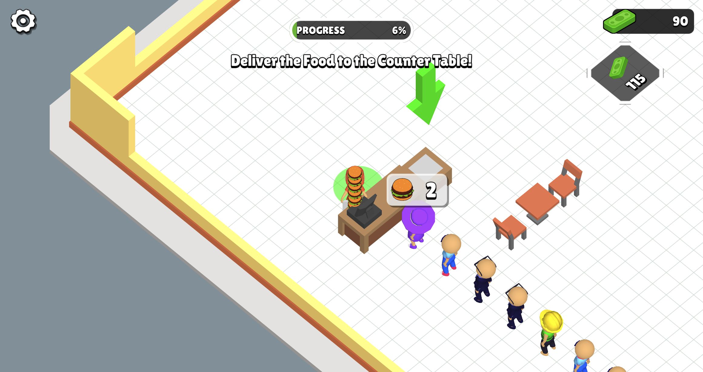 Burger Life character carrying six burgers at the counter with customers waiting, 6 percent progress, and 90 dollars