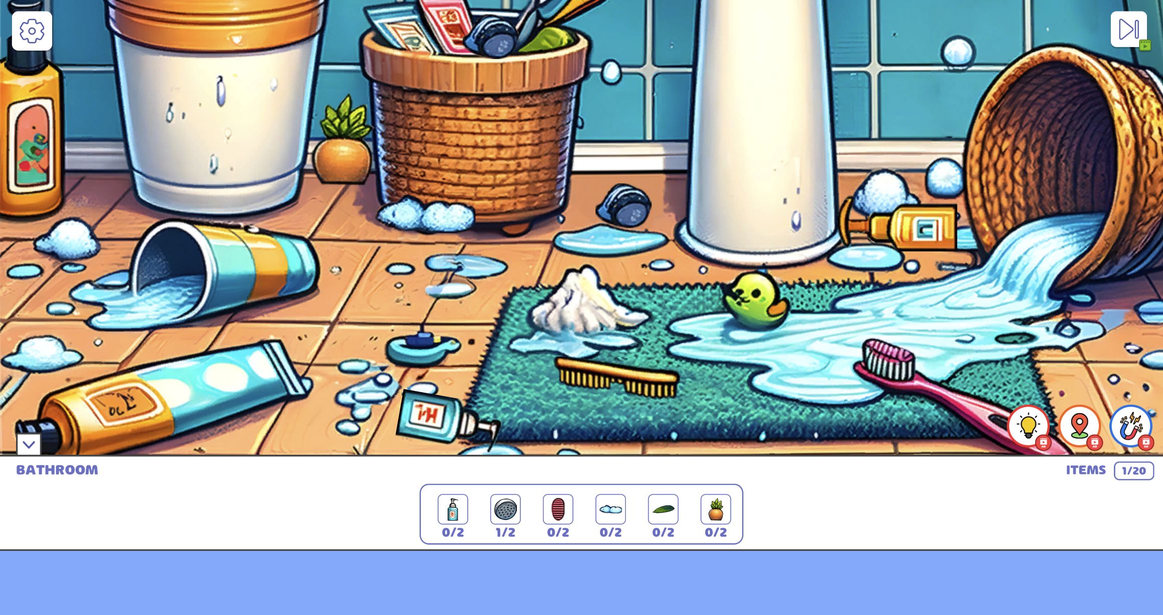 full-viewport Bathroom hidden-object scene with plants, baskets, spilled water and helper buttons visible